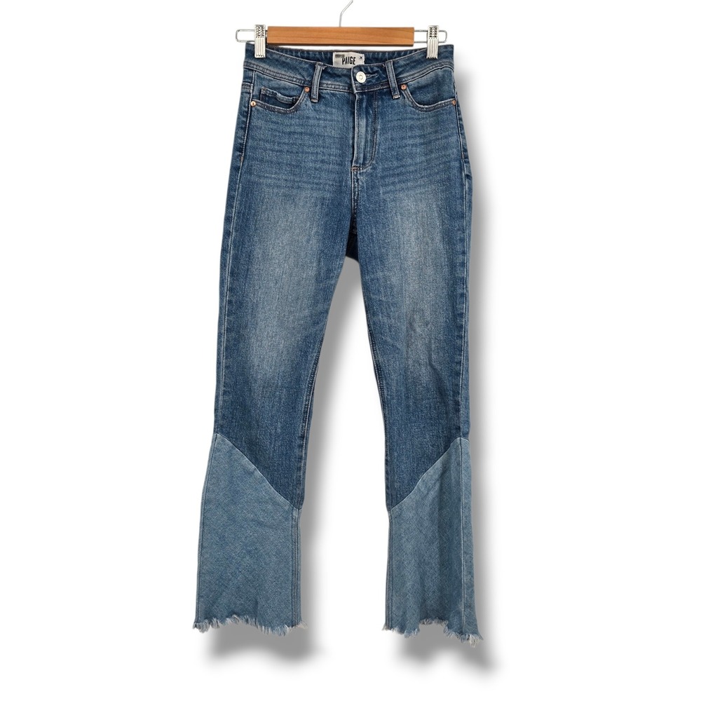 PAIGE Colette Crop Flare Jeans Medium Wash Twoβ Tone Paneled Raw Hem Size 24